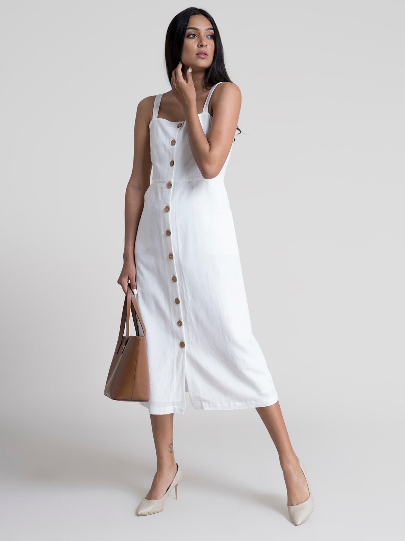 Buy White Button-Down Strap Midi Dress ...